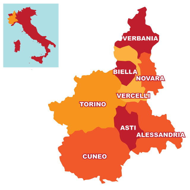 Piemonte,Italie,kaart,provincies,Turijn,Torino,Alessandria,Alexandrie,Asti,Biella,Cuneo,Novara,Verbano-Cusio-Ossola,Vercelli